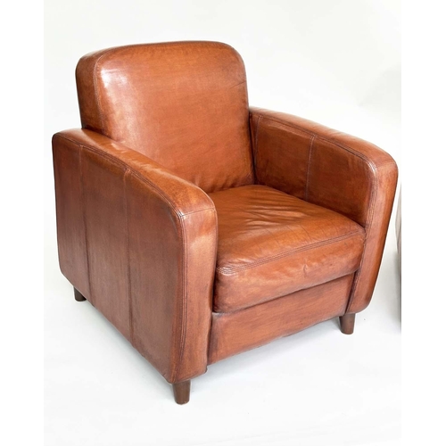 191 - CLUB ARMCHAIRS, a pair, Art Deco style hand finished soft tan brown leather, 75cm W. (2)