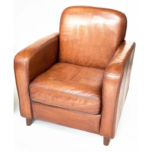 191 - CLUB ARMCHAIRS, a pair, Art Deco style hand finished soft tan brown leather, 75cm W. (2)