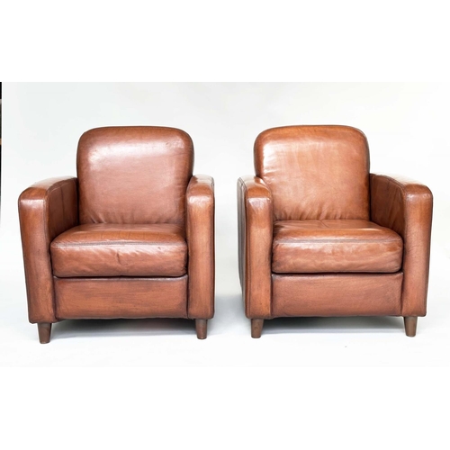 191 - CLUB ARMCHAIRS, a pair, Art Deco style hand finished soft tan brown leather, 75cm W. (2)