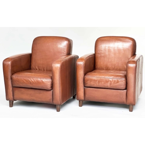 191 - CLUB ARMCHAIRS, a pair, Art Deco style hand finished soft tan brown leather, 75cm W. (2)