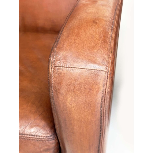 191 - CLUB ARMCHAIRS, a pair, Art Deco style hand finished soft tan brown leather, 75cm W. (2)