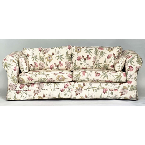 193 - SOFA, English country house style with traditional scroll arms and printed floral cotton upholstered... 