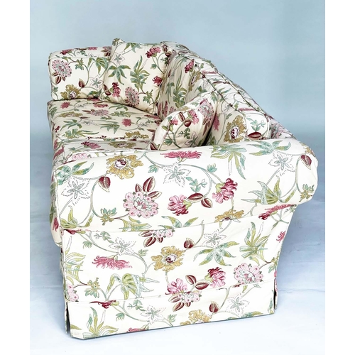 193 - SOFA, English country house style with traditional scroll arms and printed floral cotton upholstered... 