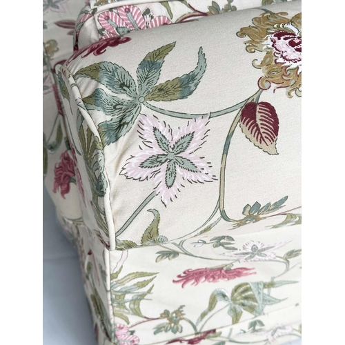 193 - SOFA, English country house style with traditional scroll arms and printed floral cotton upholstered... 