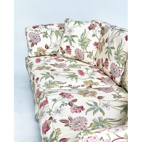 193 - SOFA, English country house style with traditional scroll arms and printed floral cotton upholstered... 