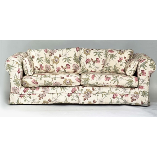 193 - SOFA, English country house style with traditional scroll arms and printed floral cotton upholstered... 