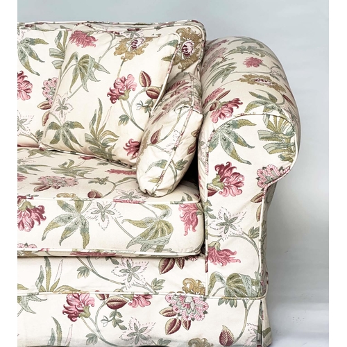 193 - SOFA, English country house style with traditional scroll arms and printed floral cotton upholstered... 