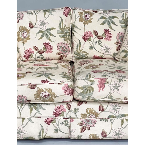 193 - SOFA, English country house style with traditional scroll arms and printed floral cotton upholstered... 