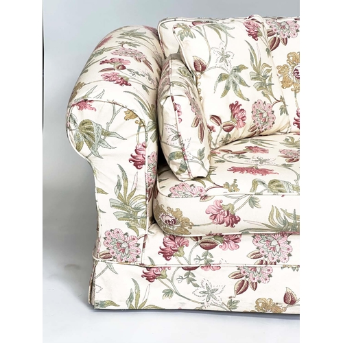 193 - SOFA, English country house style with traditional scroll arms and printed floral cotton upholstered... 