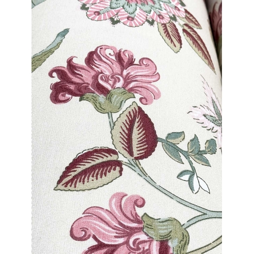 193 - SOFA, English country house style with traditional scroll arms and printed floral cotton upholstered... 