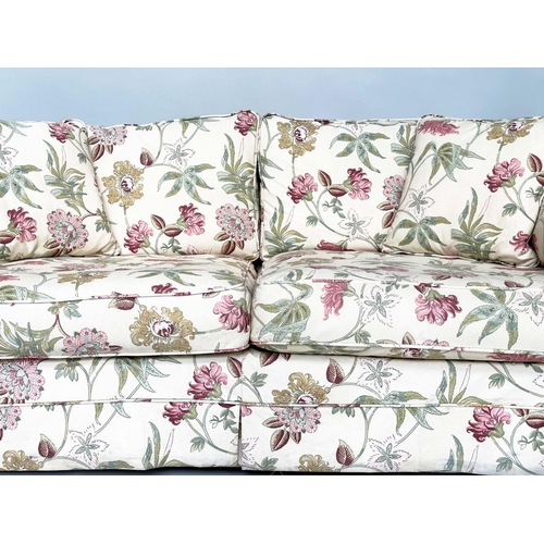 193 - SOFA, English country house style with traditional scroll arms and printed floral cotton upholstered... 