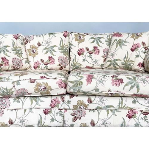 193 - SOFA, English country house style with traditional scroll arms and printed floral cotton upholstered... 