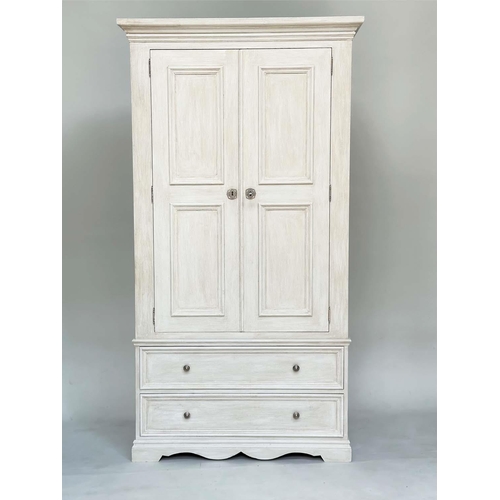 195 - ARMOIRE, French style grey painted with two panelled doors enclosing hanging space above three drawe... 