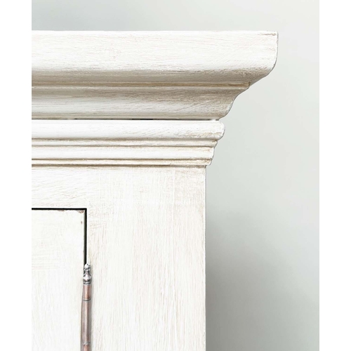 195 - ARMOIRE, French style grey painted with two panelled doors enclosing hanging space above three drawe... 