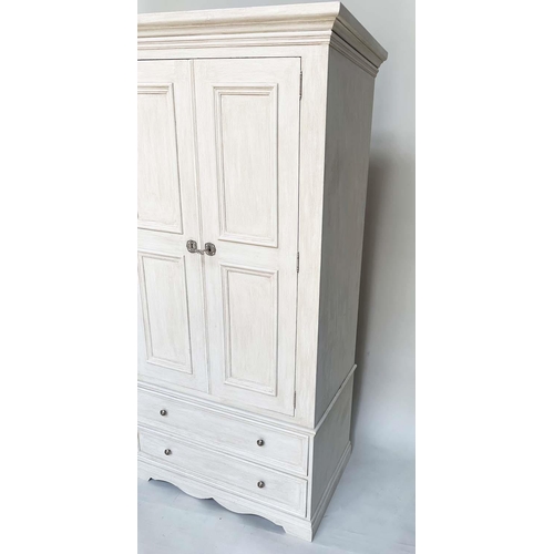 195 - ARMOIRE, French style grey painted with two panelled doors enclosing hanging space above three drawe... 