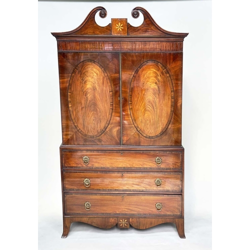 197 - CHANNEL ISLAND LINEN PRESS, late 18th century flame mahogany and satinwood ebony lined, crossbanded ... 