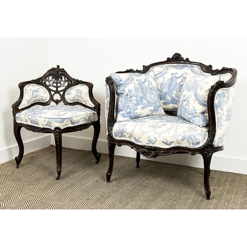 202 - SALON CHAIR, 19th century French mahogany carved showframe upholstered in toile de jouy fabric, 92cm... 