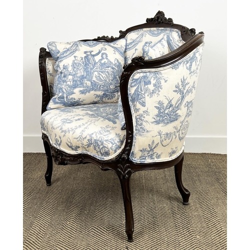 202 - SALON CHAIR, 19th century French mahogany carved showframe upholstered in toile de jouy fabric, 92cm... 