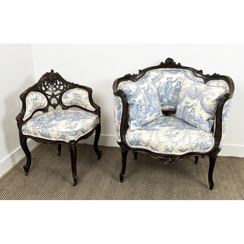 202 - SALON CHAIR, 19th century French mahogany carved showframe upholstered in toile de jouy fabric, 92cm... 