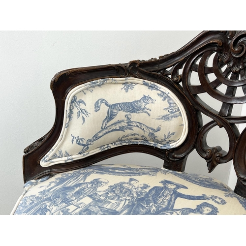 202 - SALON CHAIR, 19th century French mahogany carved showframe upholstered in toile de jouy fabric, 92cm... 