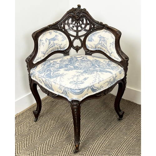 202 - SALON CHAIR, 19th century French mahogany carved showframe upholstered in toile de jouy fabric, 92cm... 