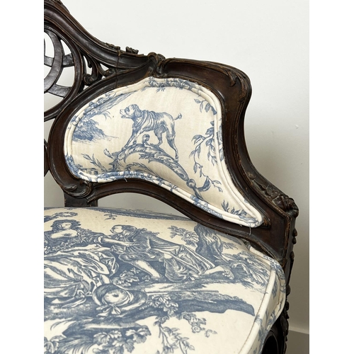 202 - SALON CHAIR, 19th century French mahogany carved showframe upholstered in toile de jouy fabric, 92cm... 