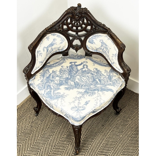 202 - SALON CHAIR, 19th century French mahogany carved showframe upholstered in toile de jouy fabric, 92cm... 