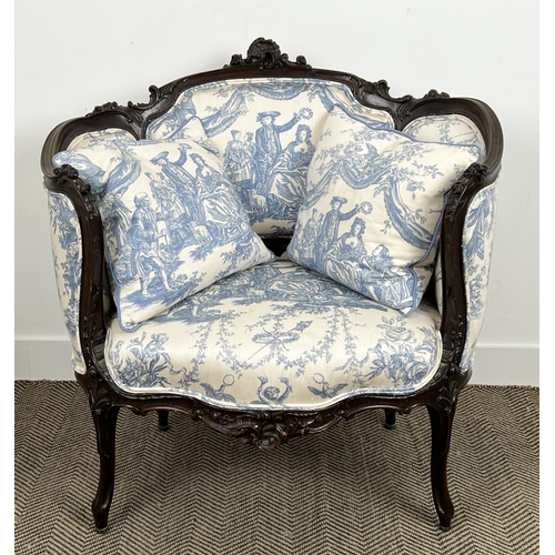 202 - SALON CHAIR, 19th century French mahogany carved showframe upholstered in toile de jouy fabric, 92cm... 