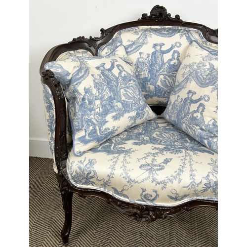 202 - SALON CHAIR, 19th century French mahogany carved showframe upholstered in toile de jouy fabric, 92cm... 