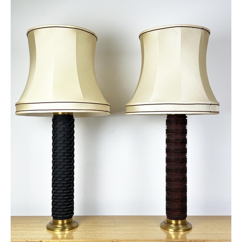 204 - TABLE LAMPS, a pair, the columns converted from vintage Scandinavian printing/textile rolls, one sta... 