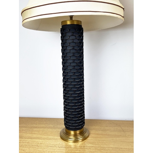 204 - TABLE LAMPS, a pair, the columns converted from vintage Scandinavian printing/textile rolls, one sta... 