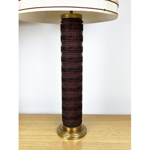 204 - TABLE LAMPS, a pair, the columns converted from vintage Scandinavian printing/textile rolls, one sta... 