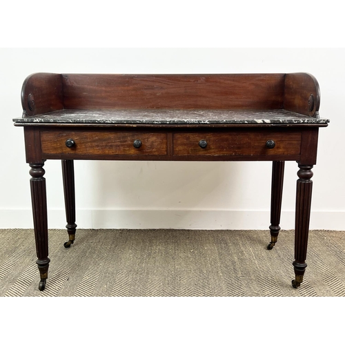 206 - ATTRIBUTED TO GILLOWS WRITING DESK, George IV mahogany, circa 1825, marble top with galleried back a... 