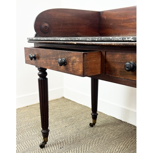 206 - ATTRIBUTED TO GILLOWS WRITING DESK, George IV mahogany, circa 1825, marble top with galleried back a... 