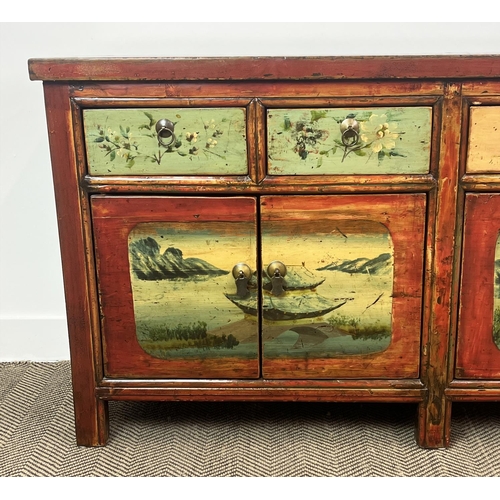 207 - CHINESE SIDE CABINET, scarlet lacquered with pagoda decorated doors, below four frieze drawers, 79cm... 