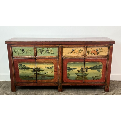 207 - CHINESE SIDE CABINET, scarlet lacquered with pagoda decorated doors, below four frieze drawers, 79cm... 