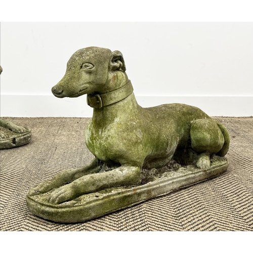 209 - RECUMBENT WHIPPETS, a pair, weathered reconstituted stone, 66cm x 40cm H. (2)