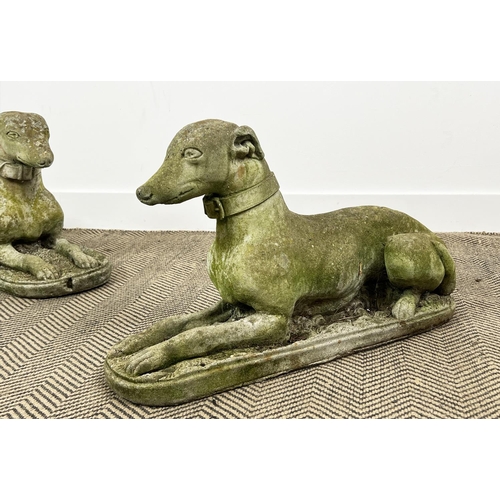 209 - RECUMBENT WHIPPETS, a pair, weathered reconstituted stone, 66cm x 40cm H. (2)