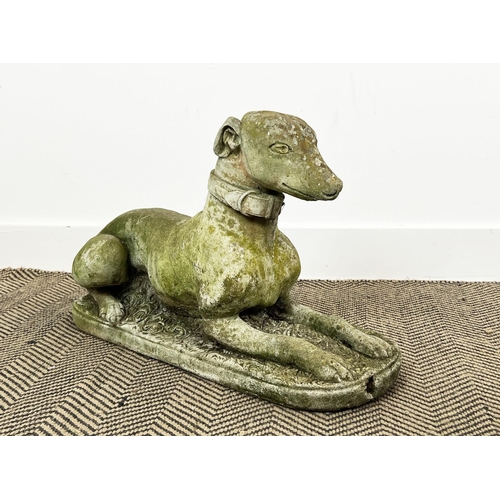 209 - RECUMBENT WHIPPETS, a pair, weathered reconstituted stone, 66cm x 40cm H. (2)