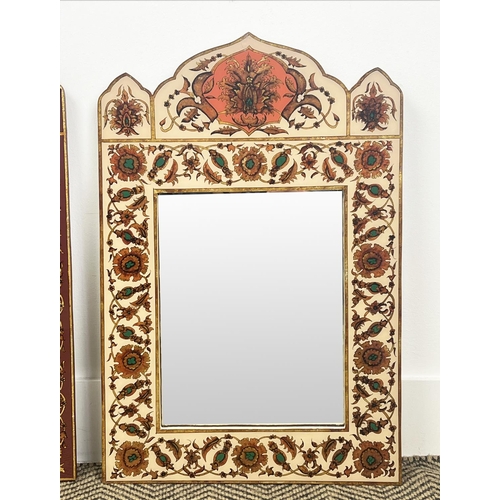 214 - MOROCCAN MIRRORS, a pair, circa 1970's, lacquered frames, bearing labels for A Elaamouri artiste pei... 