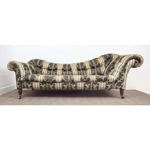 218 - HAMPTON AND SONS SOFA, Victorian beechwood in striped foliate patterned damask, castors stamped, 83c... 