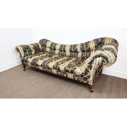 218 - HAMPTON AND SONS SOFA, Victorian beechwood in striped foliate patterned damask, castors stamped, 83c... 