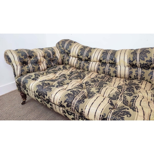 218 - HAMPTON AND SONS SOFA, Victorian beechwood in striped foliate patterned damask, castors stamped, 83c... 