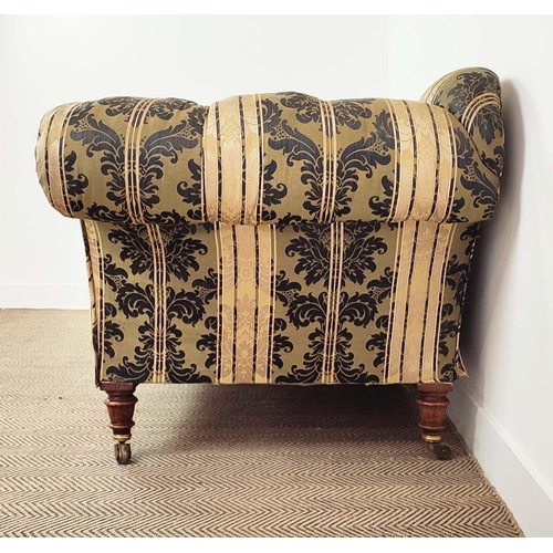 218 - HAMPTON AND SONS SOFA, Victorian beechwood in striped foliate patterned damask, castors stamped, 83c... 