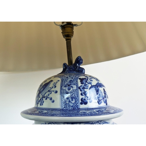 219 - TABLE LAMPS, a pair, converted from Chinese blue and white temple jars, with shades, 90cm H. (2)