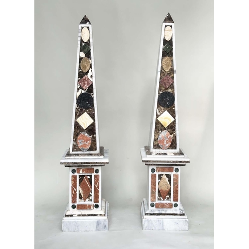 263 - OBELISKS, a pair, white marble tapering with geometric specimen marble decoration each on conforming... 