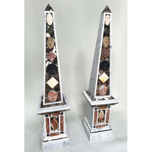 263 - OBELISKS, a pair, white marble tapering with geometric specimen marble decoration each on conforming... 