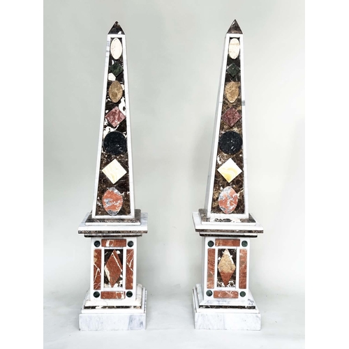 263 - OBELISKS, a pair, white marble tapering with geometric specimen marble decoration each on conforming... 