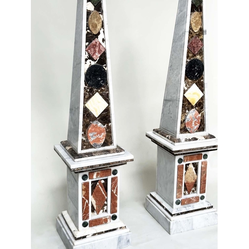 263 - OBELISKS, a pair, white marble tapering with geometric specimen marble decoration each on conforming... 