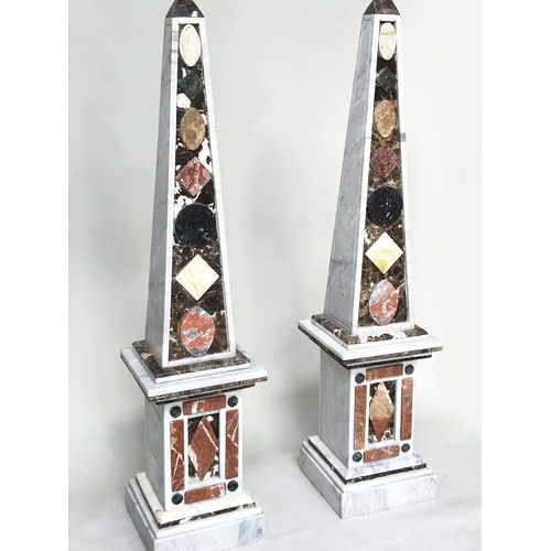 263 - OBELISKS, a pair, white marble tapering with geometric specimen marble decoration each on conforming... 